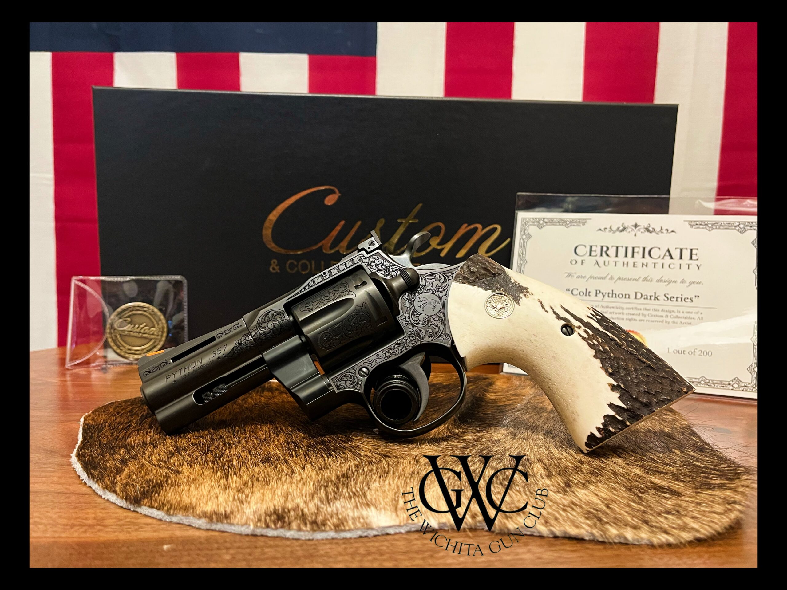 Custom and Collectible Firearms Engraved Colt Python 357 Magnum 3" 1 of 200 With Stag Grips
